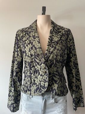 Nic + Zoe 100% Cotton Floral Blazer Jacket Green Botanical Size Medium